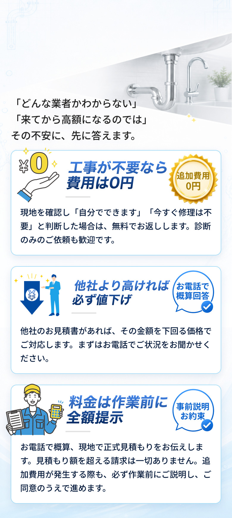 「どんな業者かわからない」「来てから高額になるのでは」という不安に先に答える3つの約束。工事が不要なら費用は0円、他社より高ければ必ず値下げ、料金は作業前に全額提示することを説明